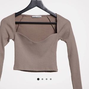 Pull&Bear long sleeve top with corset detail neckline in taupe